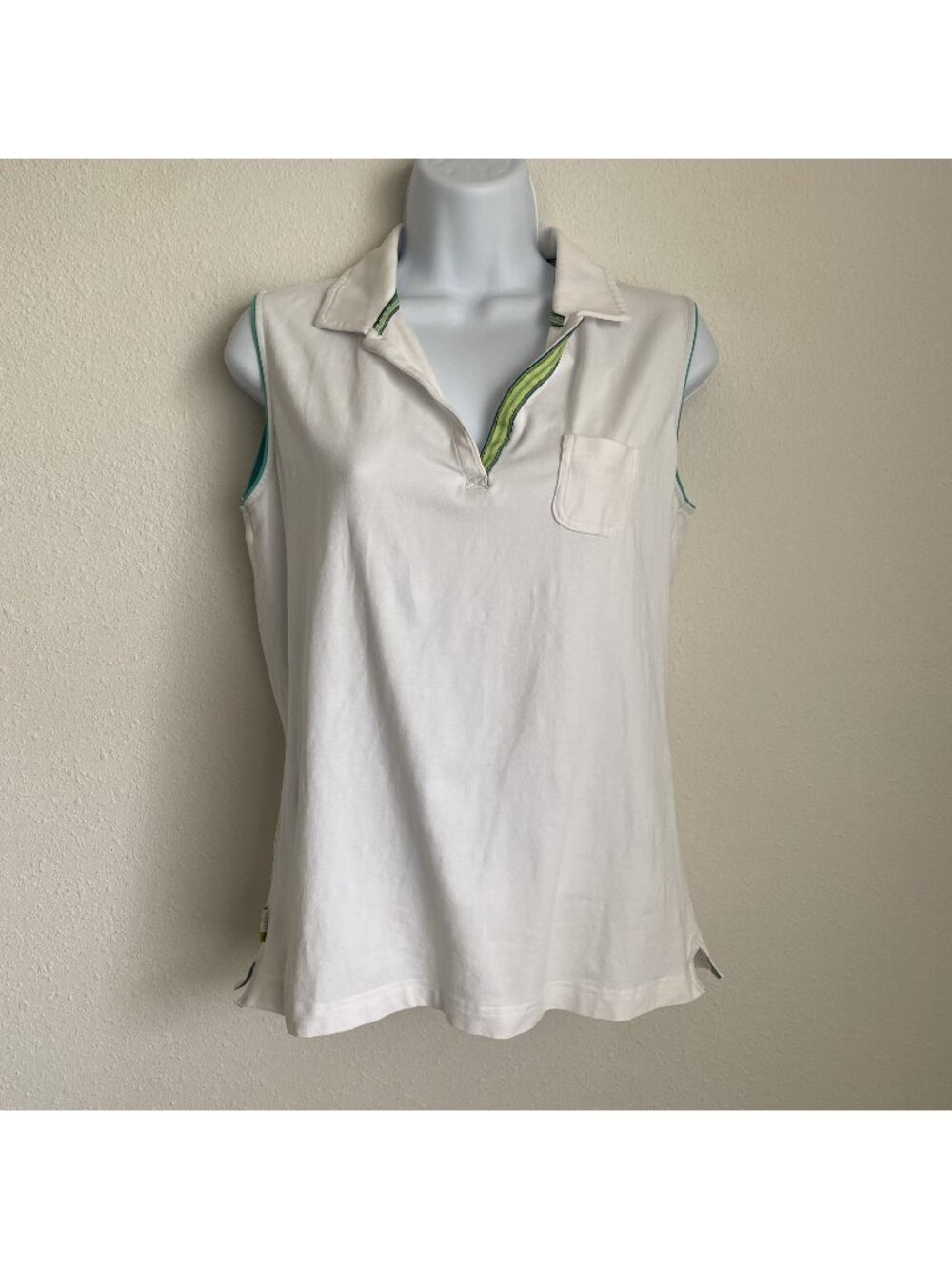 Izod Flex Womens Medium White Fitness Tank Top V-neck Blue Green Trim